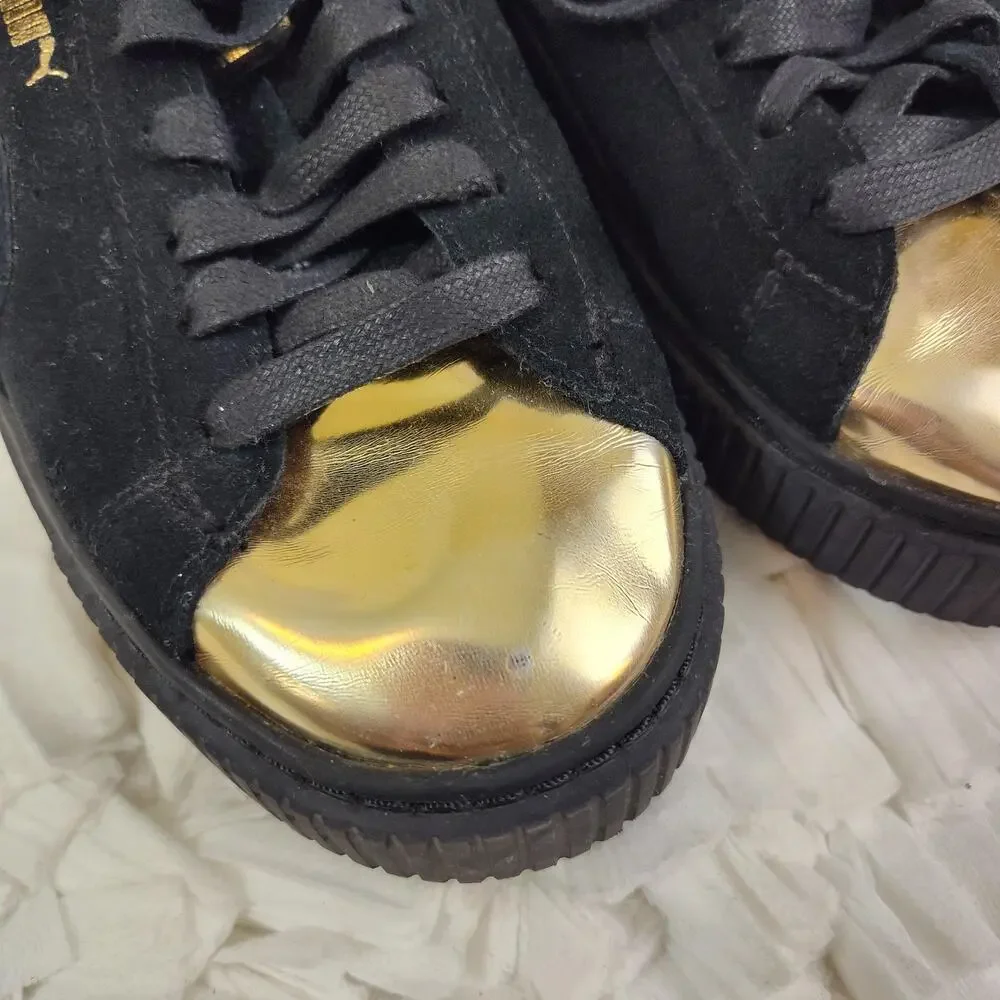Puma Basket Low Top Shoes Womens Size 8.5 Black Suede Gold Metallic Toe Cap
